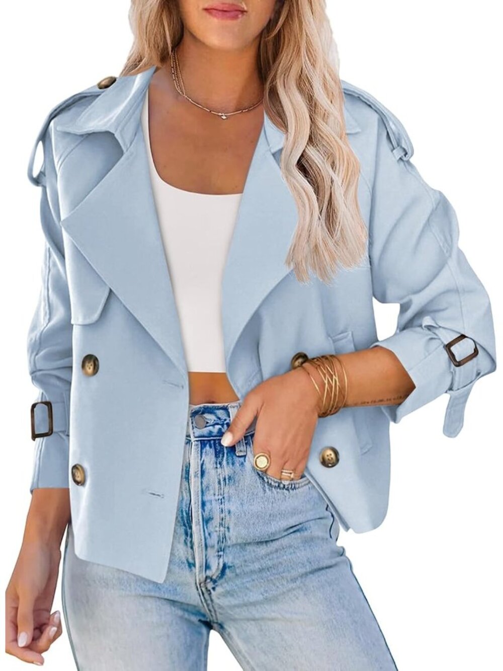 Women's Sky Blue Cropped Raglan Sleeve Lapel Collar Double Breasted Trench Coat